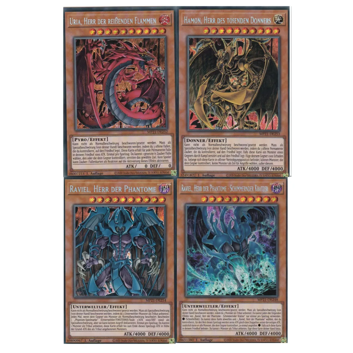 Mega Tins 2021 Heilige Ungeheuer-Set - Uria, Hamon, Raviel + Raviel, Herr der Phantome - Schimmernder Kratzer