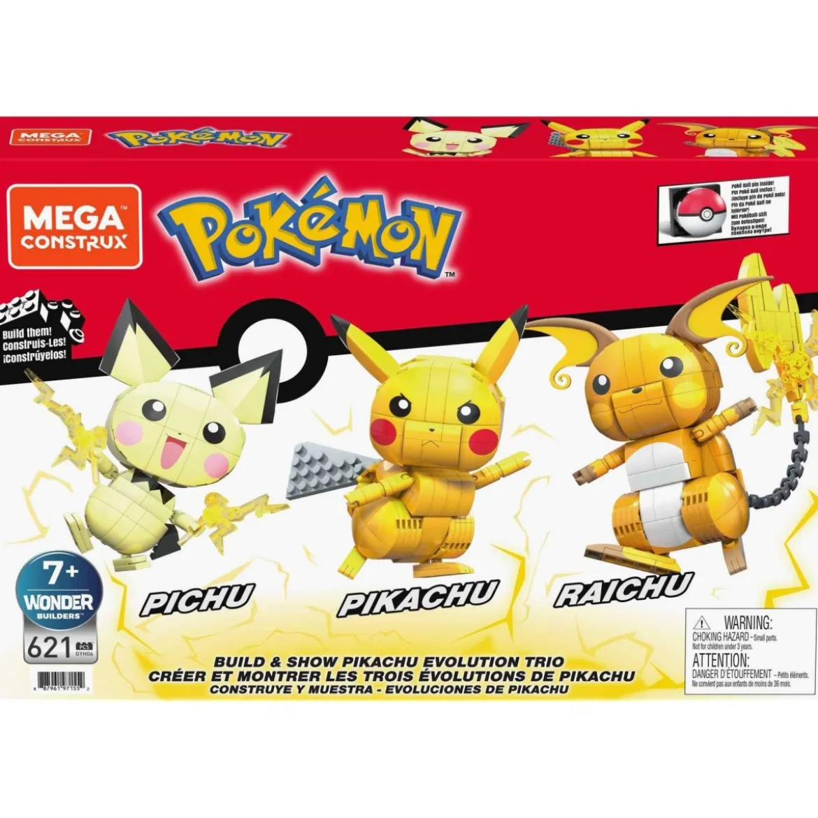 Pokémon Trio Pikachu + Pichu + Raichu - Bauset von Mega Construx (621 Teile)